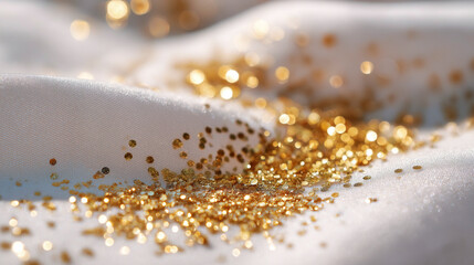 Sparkling golden glitter scattered across soft white fabric creates a shimmering abstract scene with bright reflective highlights