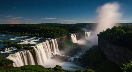 Night view of cascading waterfalls, lush greenery, and starry sky