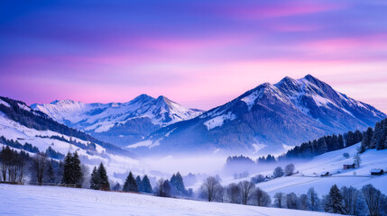 Snowy alpine mountains rise above misty valleys under a vibrant pink and blue sunrise, capturing a serene winter landscape