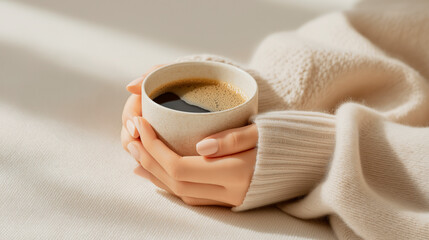 Hands in a soft beige sweater gently hold a steaming cup of coffee in the soft light