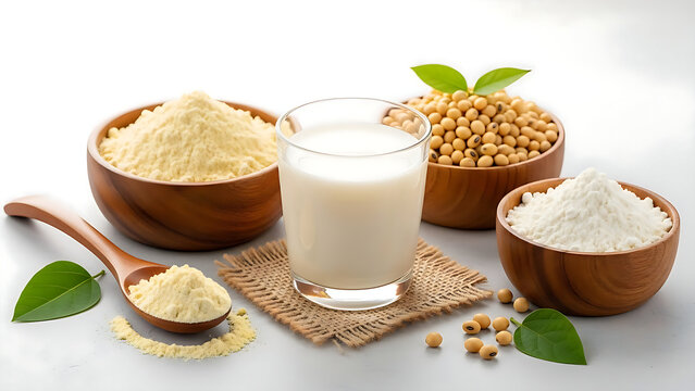 Soy products still life milk flour beans and protein powder on white background