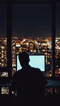 Vertical video of a silhouette working late on a computer in a dark office with city lights. Rear view of a person at a desk facing a window with a night skyline. Overtime and dedication concept