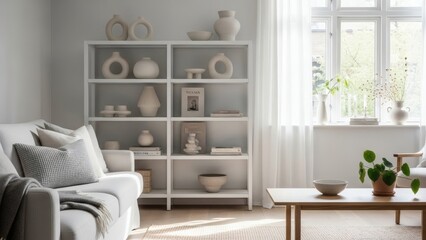 Scandinavian Living Room with Oak Bookshelf and Neutral Decor