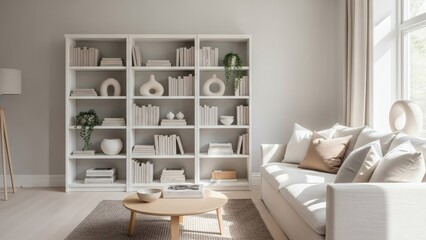 Scandinavian Living Room with Oak Bookshelf and Neutral Decor