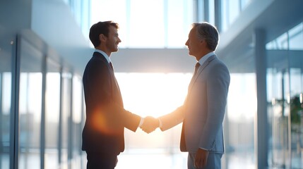Two professionals in business suits finalize a deal with a handshake silhouetted by warm sunlight streaming through the of a contemporary office hallway