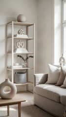 Scandinavian Living Room with Oak Bookshelf and Neutral Decor