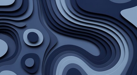 Abstract layered paper cut design with dynamic curves and shades of blue
