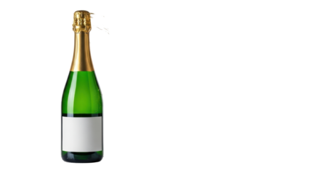 Vibrant green champagne bottle with golden foil top dramatically erupting golden liquid and effervescent bubbles against transparent studio background, concept of celebration and success