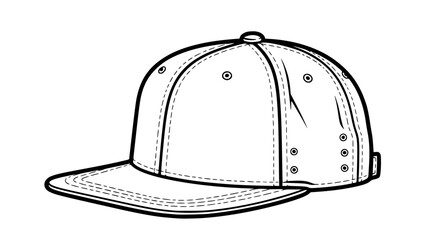 Monochrome vector illustration of a classic snapback cap, bold contour lines, isolated fashion accessory icon