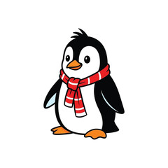 Obraz premium Adorable Cartoon Penguin with Red Scarf on White Background.