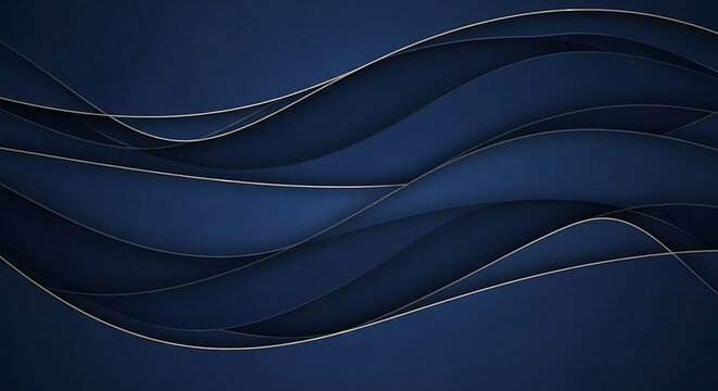 Abstract layered navy blue background with elegant wavy lines and gold accents