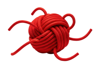 A spherical red nylon rope knot, intricately woven with extending strands on a transparent studio background with shadows, concept of complexity and problem-solving