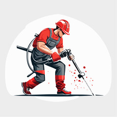 Construction worker operating jackhammer on construction site, wearing safety gear and protective clothing, showcasing hard work and industrial theme.