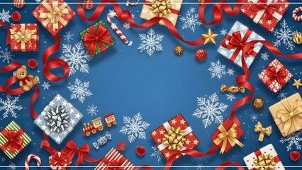 A festive framed illustration for a holiday celebration. A bustling top-down scene of red ribbons, white snowflakes, and assorted gifts scattered on a rich blue background. The mood is joyful and abun