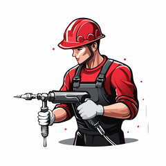 Construction worker drilling with power tool on construction site wearing hard hat and overalls, showcasing skilled labor and industrial progress.