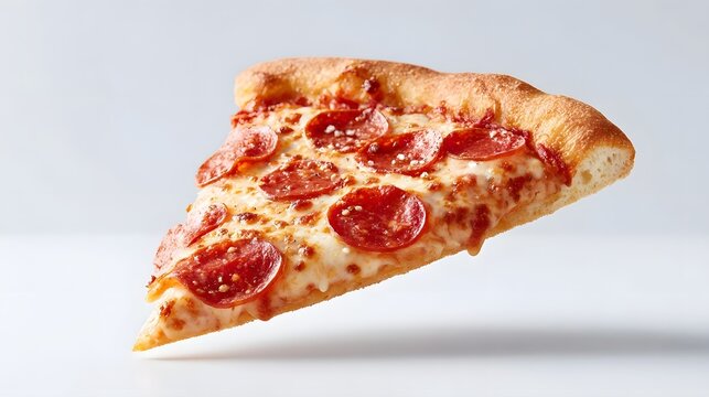 Close up shot of a delicious slice of pepperoni pizza with melted cheese and savory pepperoni on a golden baked crust presented against a clean studio backdrop for a fresh appeal