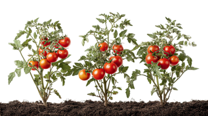 Three tomato plants side by side with red fruit isolated on transparent background