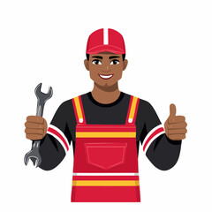 Smiling mechanic in red overalls holding wrench gives thumbs up in clean studio shot, conveying confidence and positive service experience.