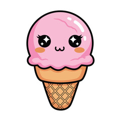 Cute Kawaii Pink Ice Cream Cone with Sparkling Eyes and Smile.