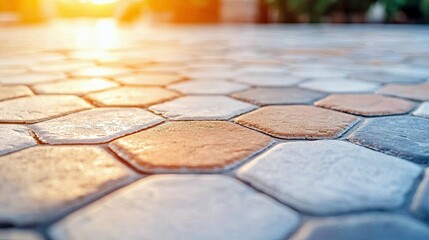 Naklejka premium Close-up view of a hexagon-shaped pavement with a warm sunlight creating a gradient effect.