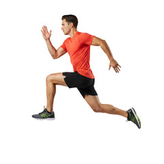 Dynamic male athlete in mid-air sprint displaying exceptional athletic form and power
