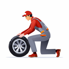 Mechanic changing a tire in a garage, wearing overalls and a cap, showcasing automotive repair with precision and expertise.