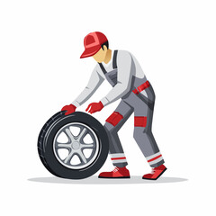 Mechanic in uniform rolling tire in auto repair shop, preparing to change it, showcasing the dedication and expertise of automotive professionals.