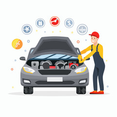 Smiling mechanic in blue overalls inspecting car engine in garage with tools floating above, showcasing automotive repair and maintenance in a cheerful manner.