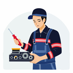 Young mechanic repairs electronic device with screwdriver in workshop, focusing on precision and expertise, showcasing skilled labor and technical proficiency.