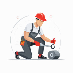 Construction worker in red hardhat kneeling and tightening bolt with wrench on construction site, showcasing skilled labor and industrial expertise.