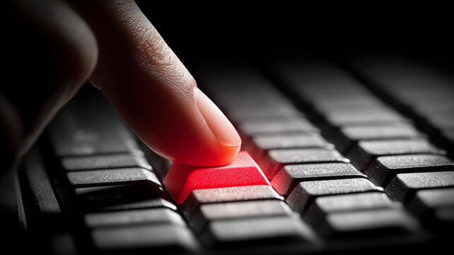 A finger pressing a red keyboard key symbolizing action, urgency and the concept of triggering important digital commands or critical operational responses.
