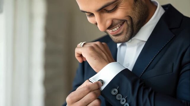 Smiling groom adjusting cufflink tailored suit and white shirt, fastening cufflink navy suit jacket, smiling groom preparing for wedding with ring