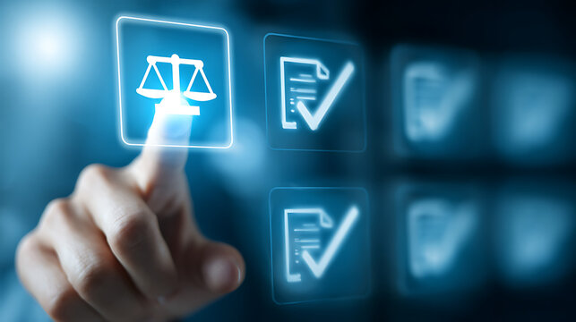 Hand touching glowing justice scales icon on digital screen finger pressing