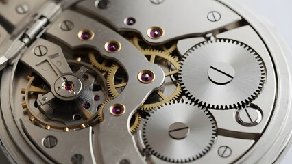 Mechanical pocket watch opening to reveal intricate rotating gears, macro shot.
