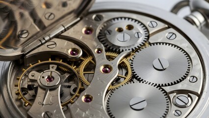 Mechanical pocket watch opening to reveal intricate rotating gears, macro shot.