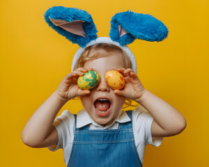 Excited child wearing blue bunny ears holds colorful easter eggs over eyes
