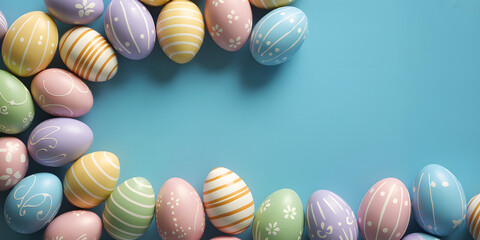 Pastel easter eggs arranged in a corner on a blue background
