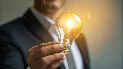 Bright glowing light bulb held by businessman hand symbolizing idea innovation creativity entrepreneurship glow inspiring sparkles warm golden light - Powered by Adobe