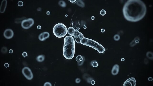 Bacterial colony migration through agar gel with microscopic bacteria movement; shallow depth effect Microscopic Worlds style featuring microbiology, bacteria, cells, growth, cinematic 4k animated