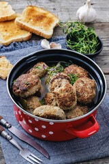 Frikadellen, Minced Meat Patties in a red pot