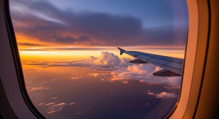 Airplane window view captures a breathtaking sunset over a sea of clouds.