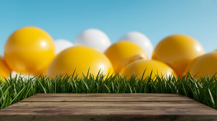 Bright yellow and white easter eggs nestled in green grass