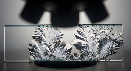 Intricate metallic crystal formations growing on a glass laboratory slide under a microscope.