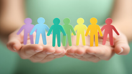 A collection of paper cutout figures held in protective hands symbolizing inclusion, unity and supportive human connection.

