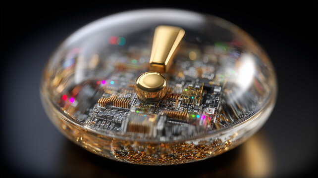 A technological core containing circuits and a golden alert mark representing critical system events and essential risk awareness.