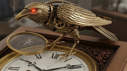Fototapeta premium Mechanical raven with polished brass feathers perched on a clock.
