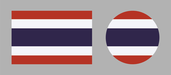 National Flag of Thailand rectangle, circle icons. Thailand flag flat rounded sign. Thailand rectangular, round Flag set.