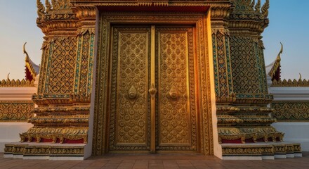 Ornate golden doors of a temple, detailed carvings and vibrant colors