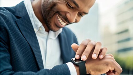 Smiling businessman checking smartwatch wrist urban environment wearable technology suit accessory, joyful confident glance smartwatch while walking - Powered by Adobe