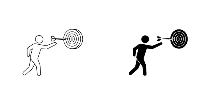 Stick figure icon throwing a dart at a target board, concept of goal setting and achievement, isolated on